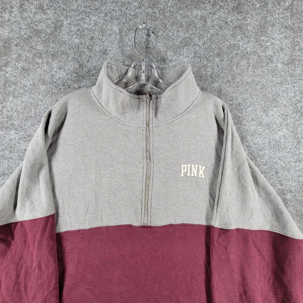 Victoria's Secret Varsity 1/2-Zip Sweatshirt Womens XL Gray‎ Maroon Love Pink